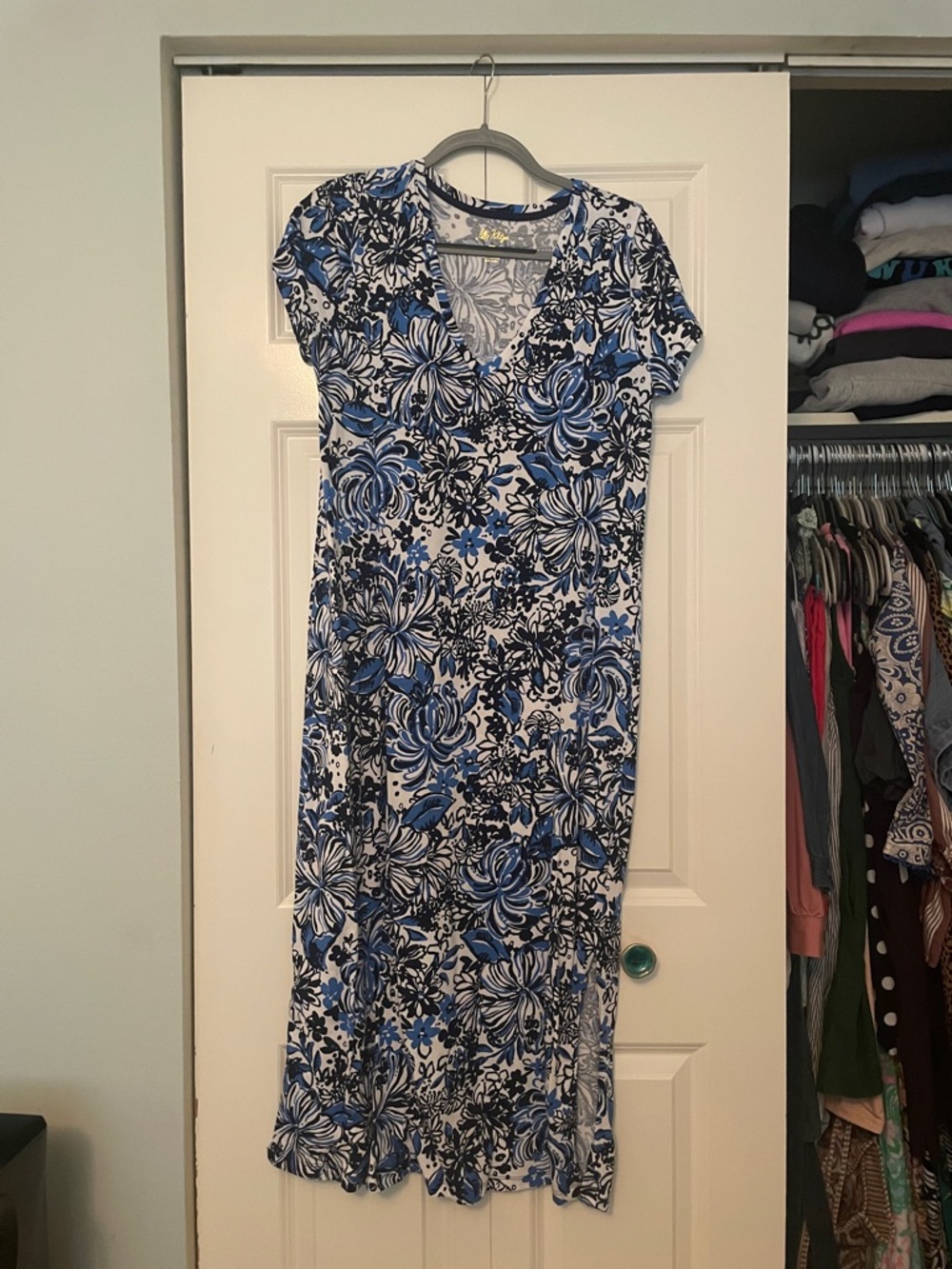 Lilly Pulitzer Blue and White Floral V-Neck Maxi Dress